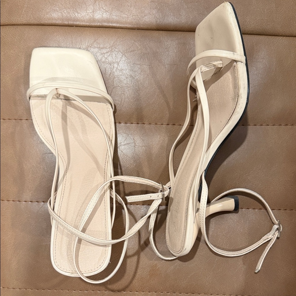 Strappy Square-Toe Ankle Kitten Strap Heels in Cream
